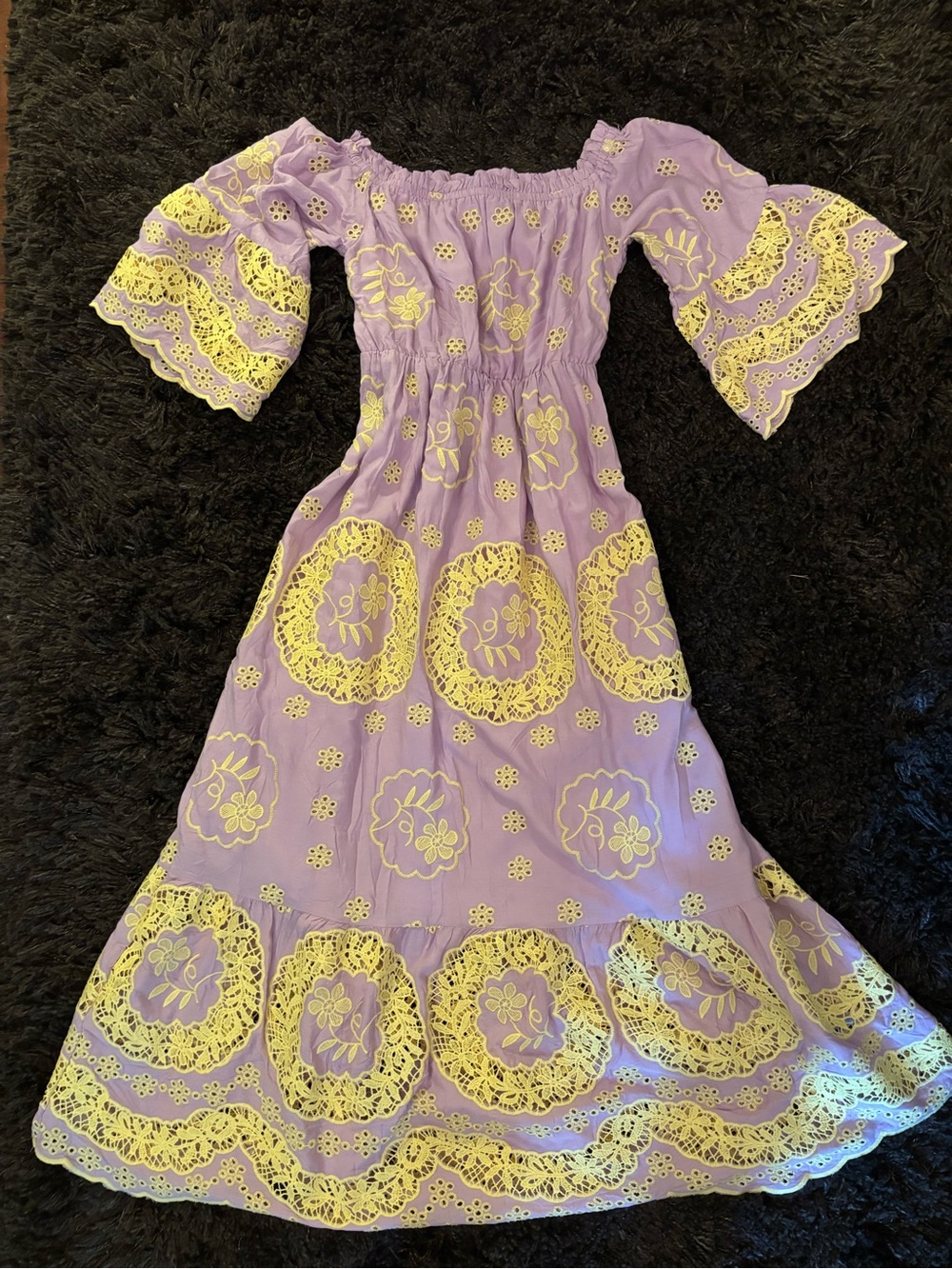 Lavender Midi Dress with Yellow Eyelet Embroidery